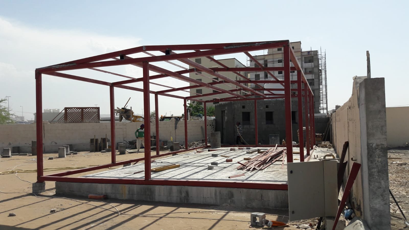 Steel frame of a porta cabin during fabrication in the yard